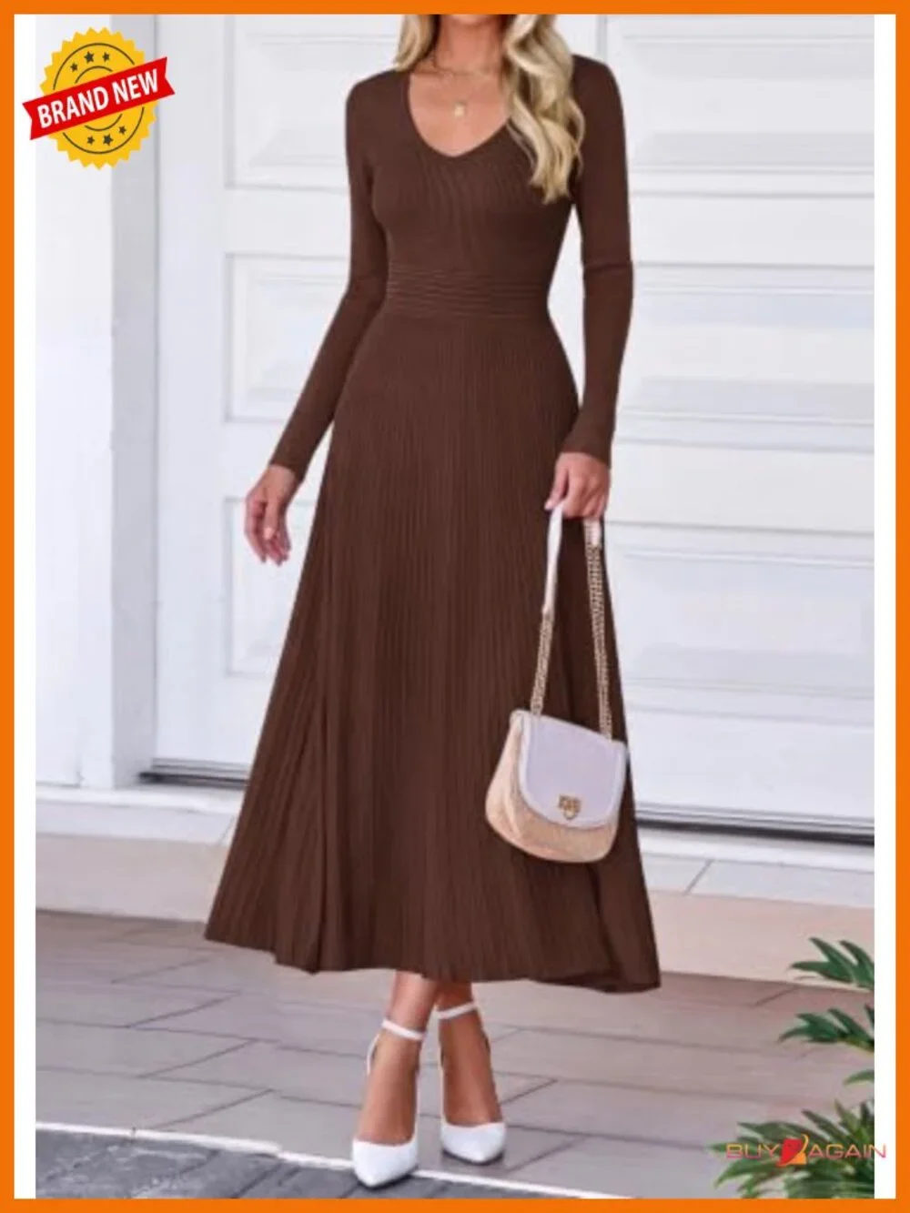 V Neck Pleated Midi Sweater Dress Long Sleeve Knit A Line Fall